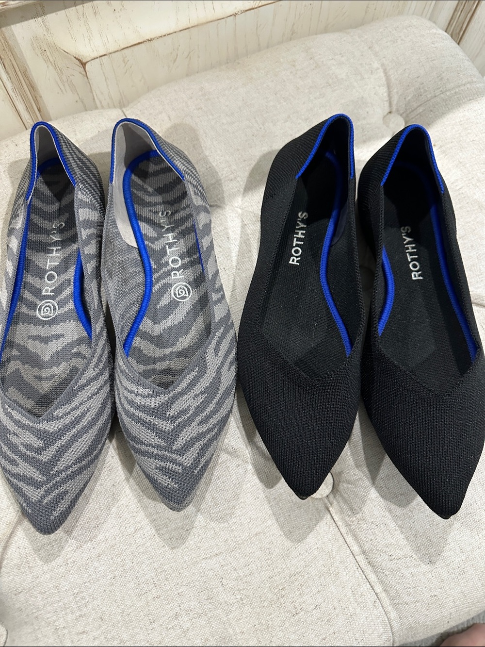 Two pairs for price!! Rothy's Pointed Flats in Gray Zebra Knit and Black